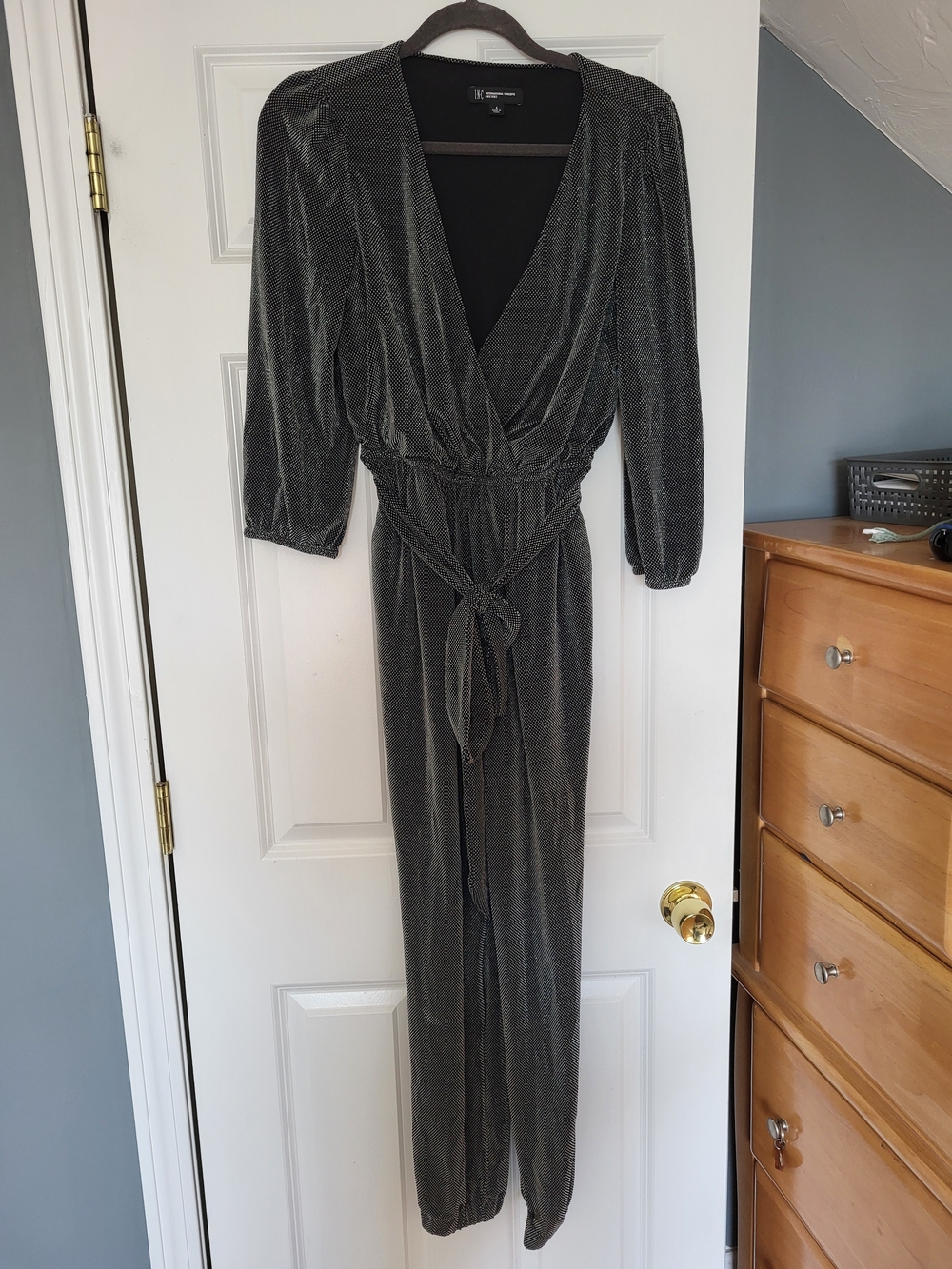 INC International Concepts Metallic Black Long-Sleeve Wrap Jumpsuit